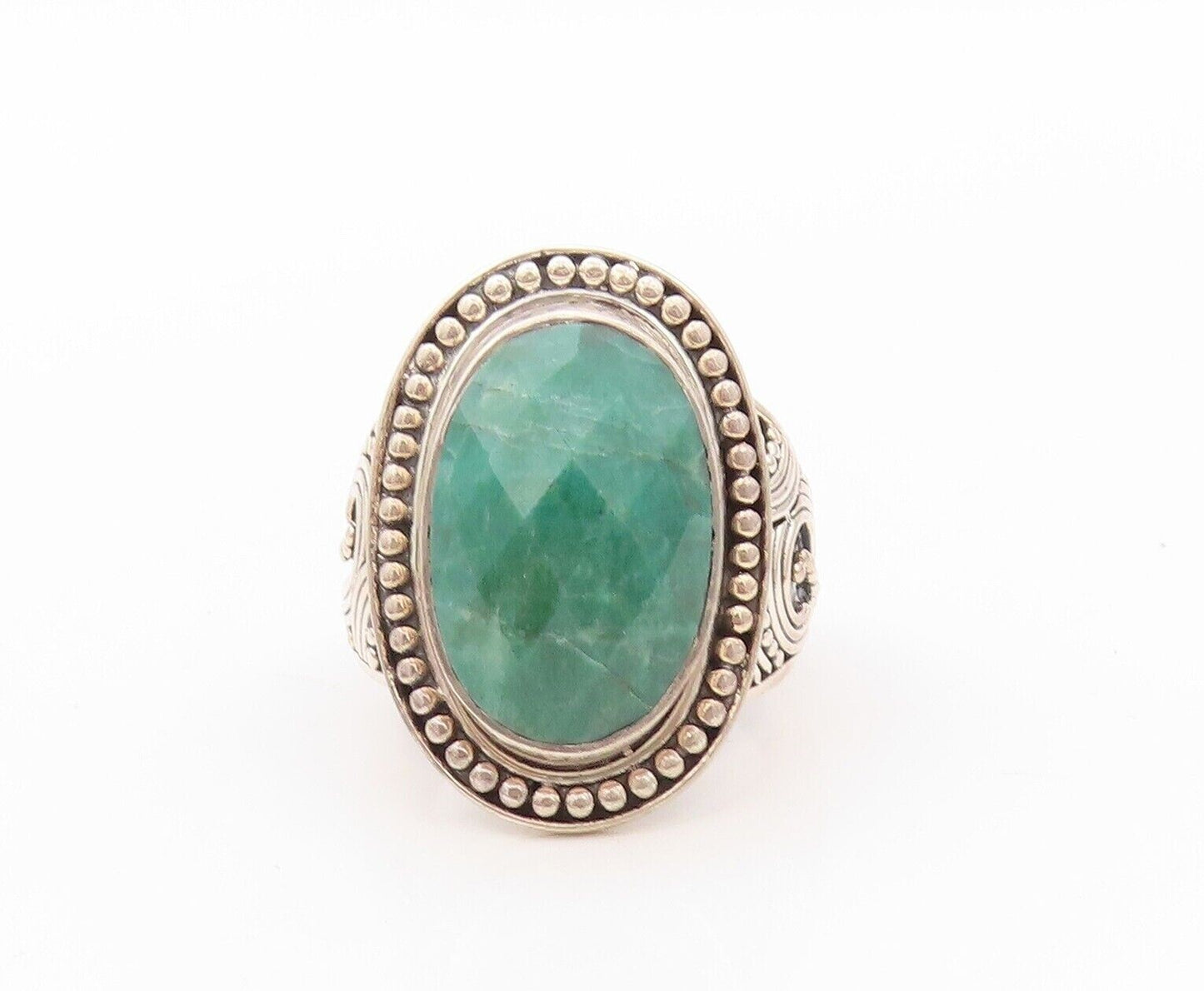 925 Sterling Silver Vintage Ring Oval Green Gemstone Halo Beaded  Sz 5.5 RG30219