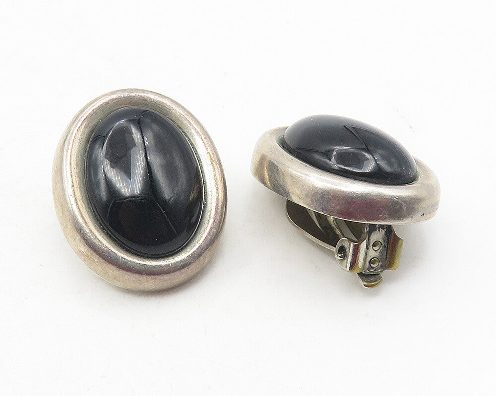 MEXICO 925 Sterling Silver  Vintage Black Onyx Non Pierce Earrings  EG6115