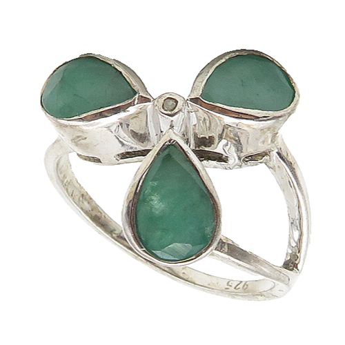 925 Sterling Silver  Tear Drop Emerald Floral Motif Band Ring Sz 6.5  RG10557