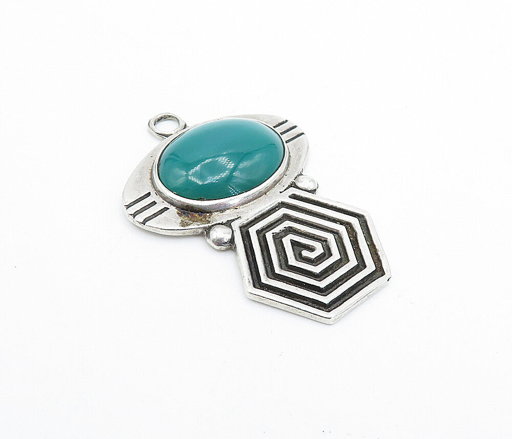 MEXICO 925 Sterling Silver  Vintage Green Onyx Spiral Hexagon Pendant  PT2734