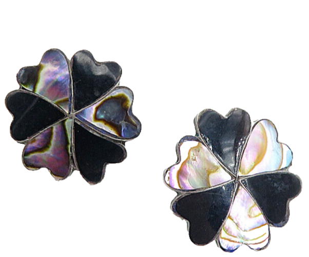 CB TAXCO MEXICO 925 Silver Vintage Onyx & Abalone Non Pierce Earrings EG4106