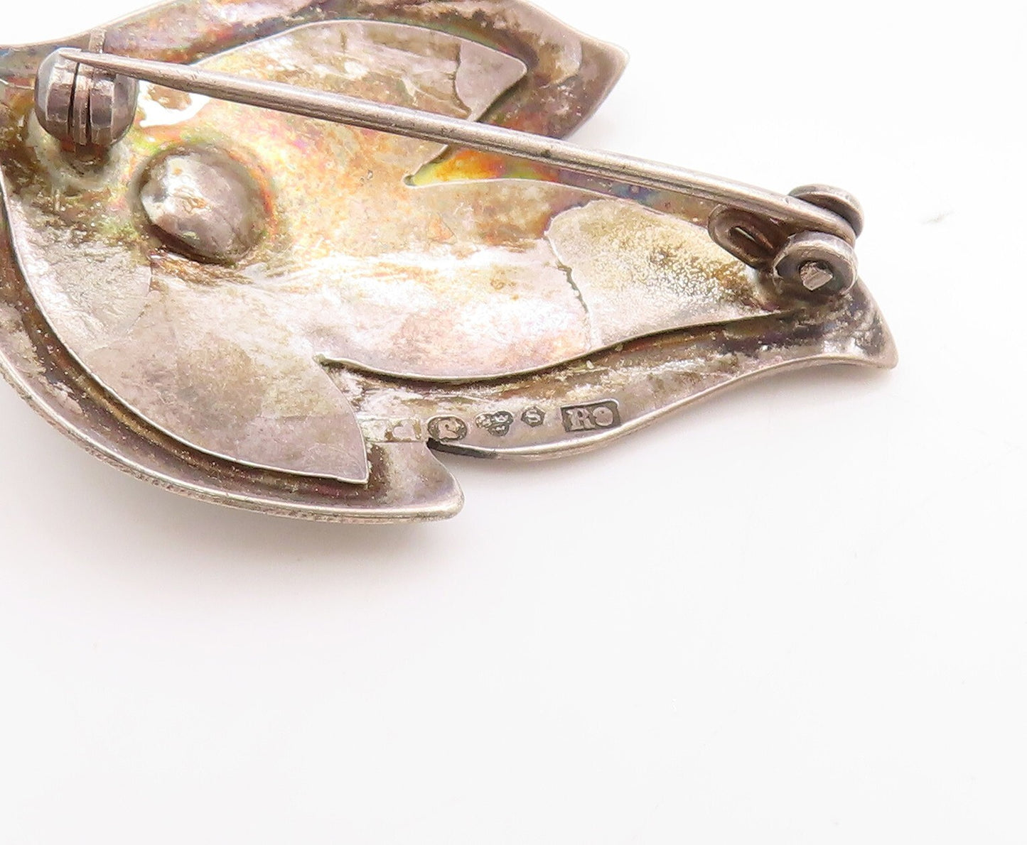 925 Sterling Silver Vintage Brooch Pin Dark Tone Pearl Fire Design Cut  BP11317
