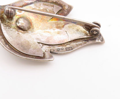 925 Sterling Silver Vintage Brooch Pin Dark Tone Pearl Fire Design Cut  BP11317