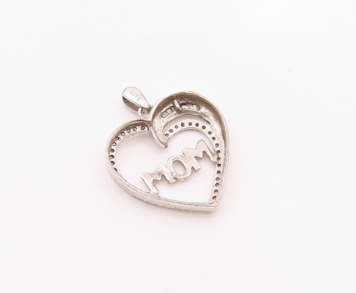 925 Sterling Silver  Vintage Genuine Diamonds Mom Love Heart Pendant  PT12946