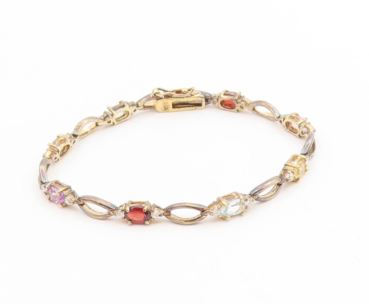 925 Sterling Silver Vintage Bracelet Gold Plated Multi Gemstone Link  BT11733