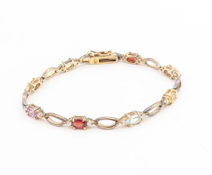 925 Sterling Silver Vintage Bracelet Gold Plated Multi Gemstone Link  BT11733