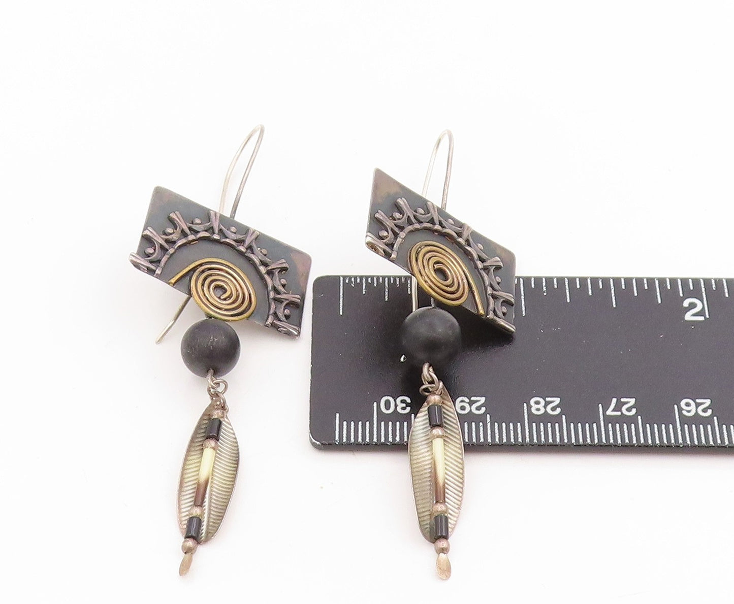 925 Sterling Silver Vintage Earrings Designer Spiral Feather Dangles  EG13785