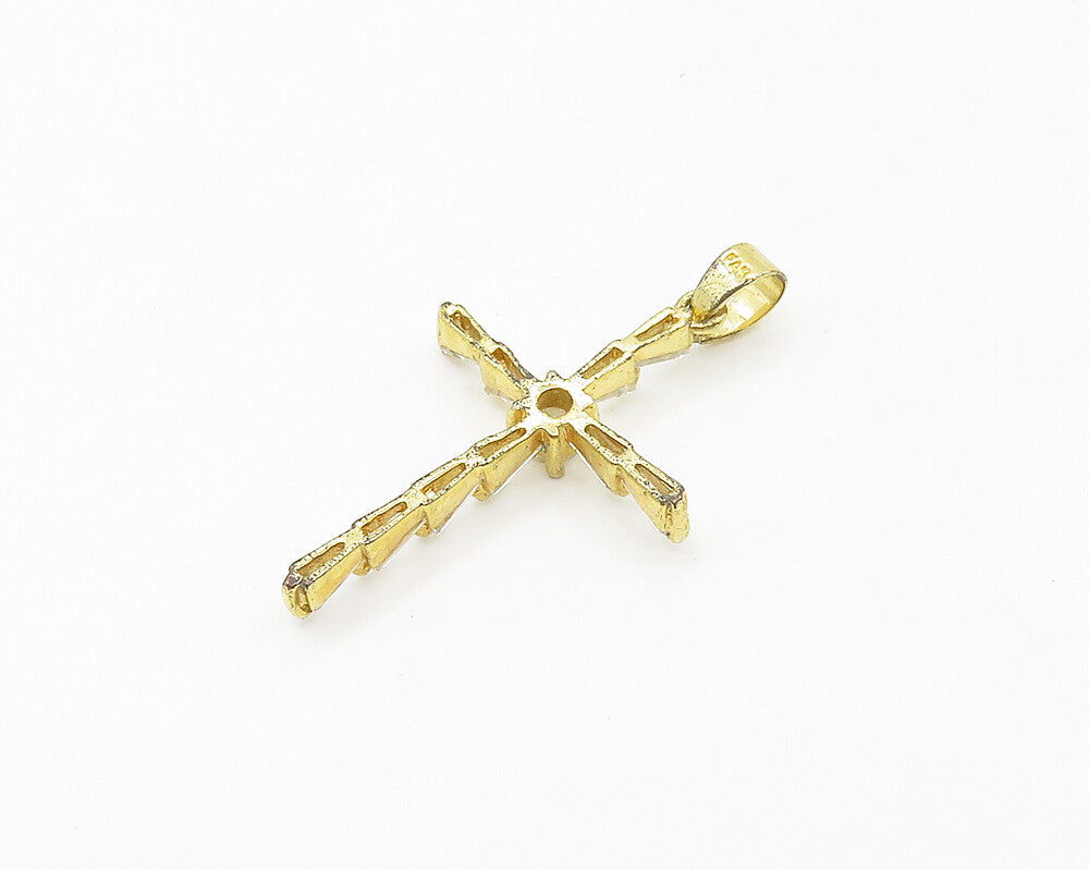925 Sterling Silver  Topaz Shiny Gold Plated Religious Cross Pendant  PT13863