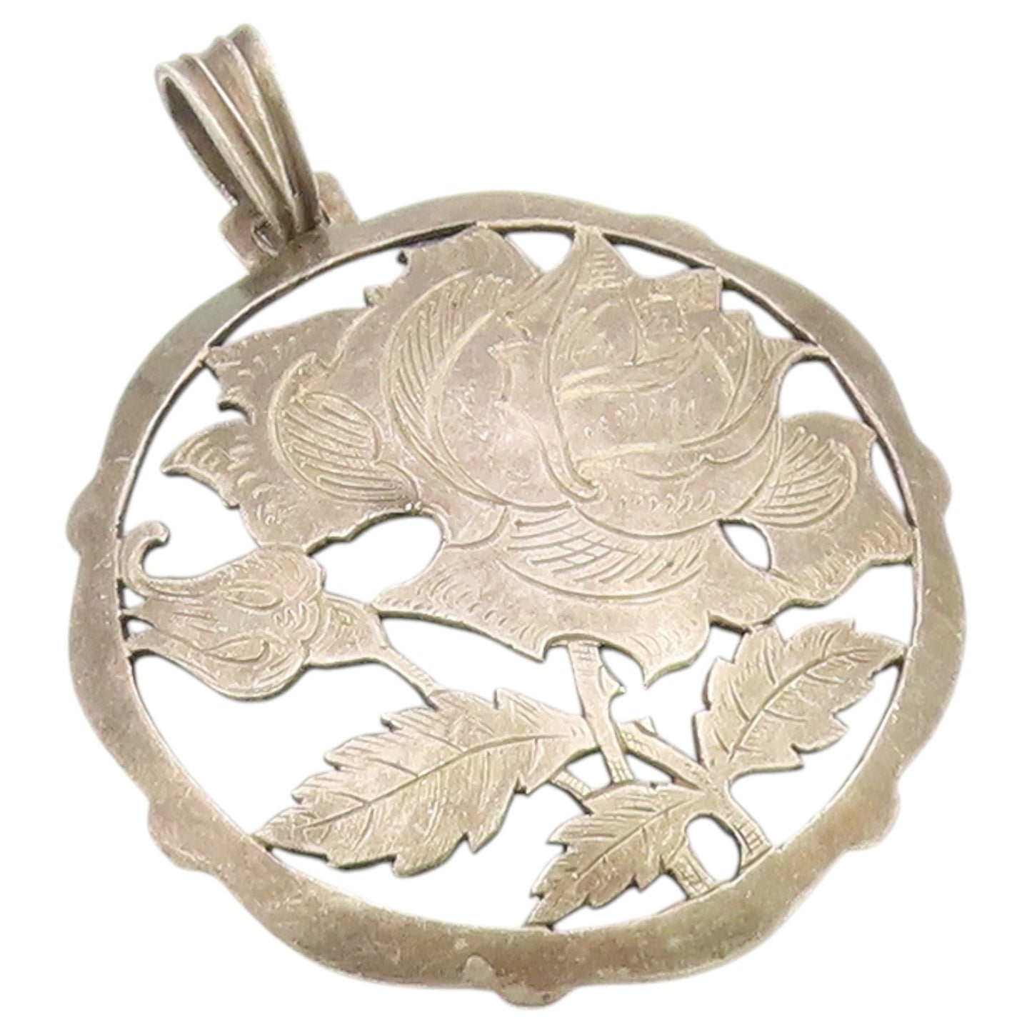 925 Sterling Silver Vintage Pendant Etched Openwork Floral Rose Medal  PT26464