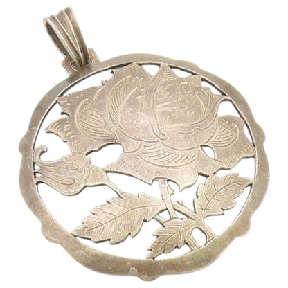925 Sterling Silver Vintage Pendant Etched Openwork Floral Rose Medal  PT26464