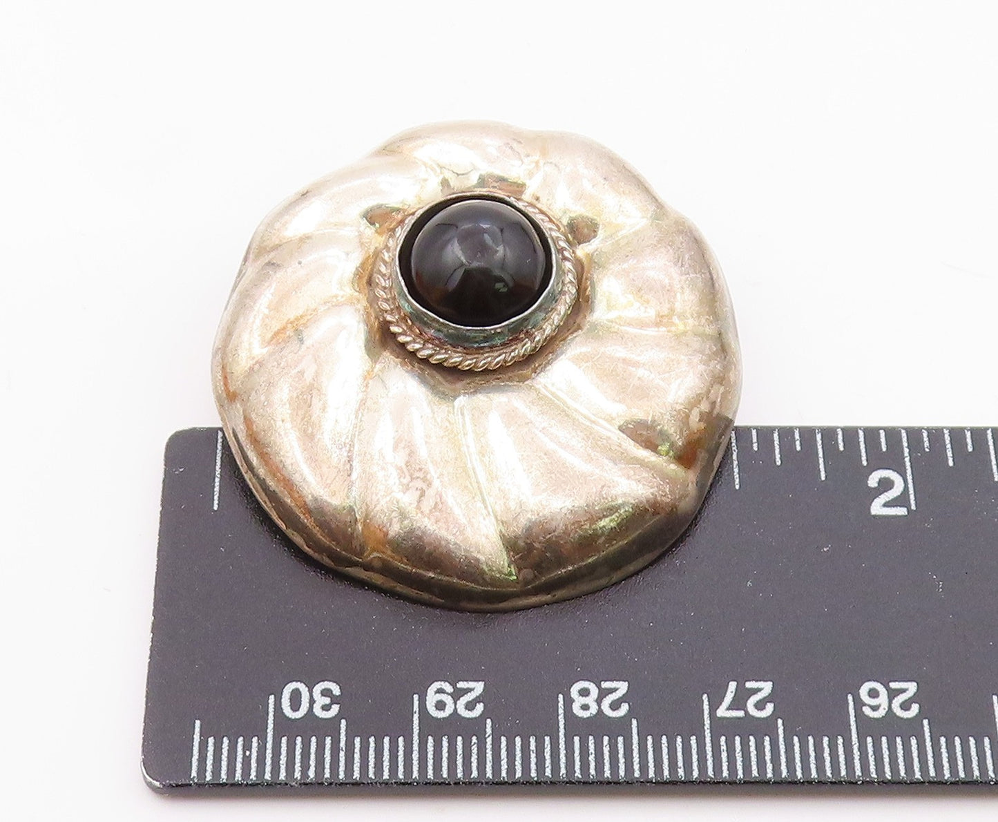 MEXICO 925 Sterling Silver  Vintage Black Onyx Fluted Round Pendant  PT6503