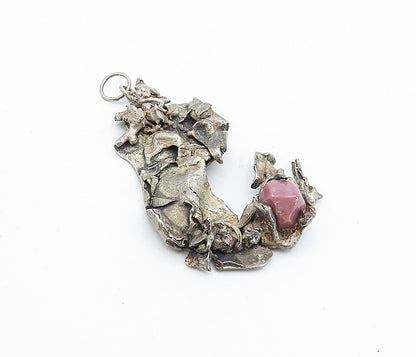 925 Sterling Silver Vintage Rhodochrosite Modernist Sculpted Pendant PT3663