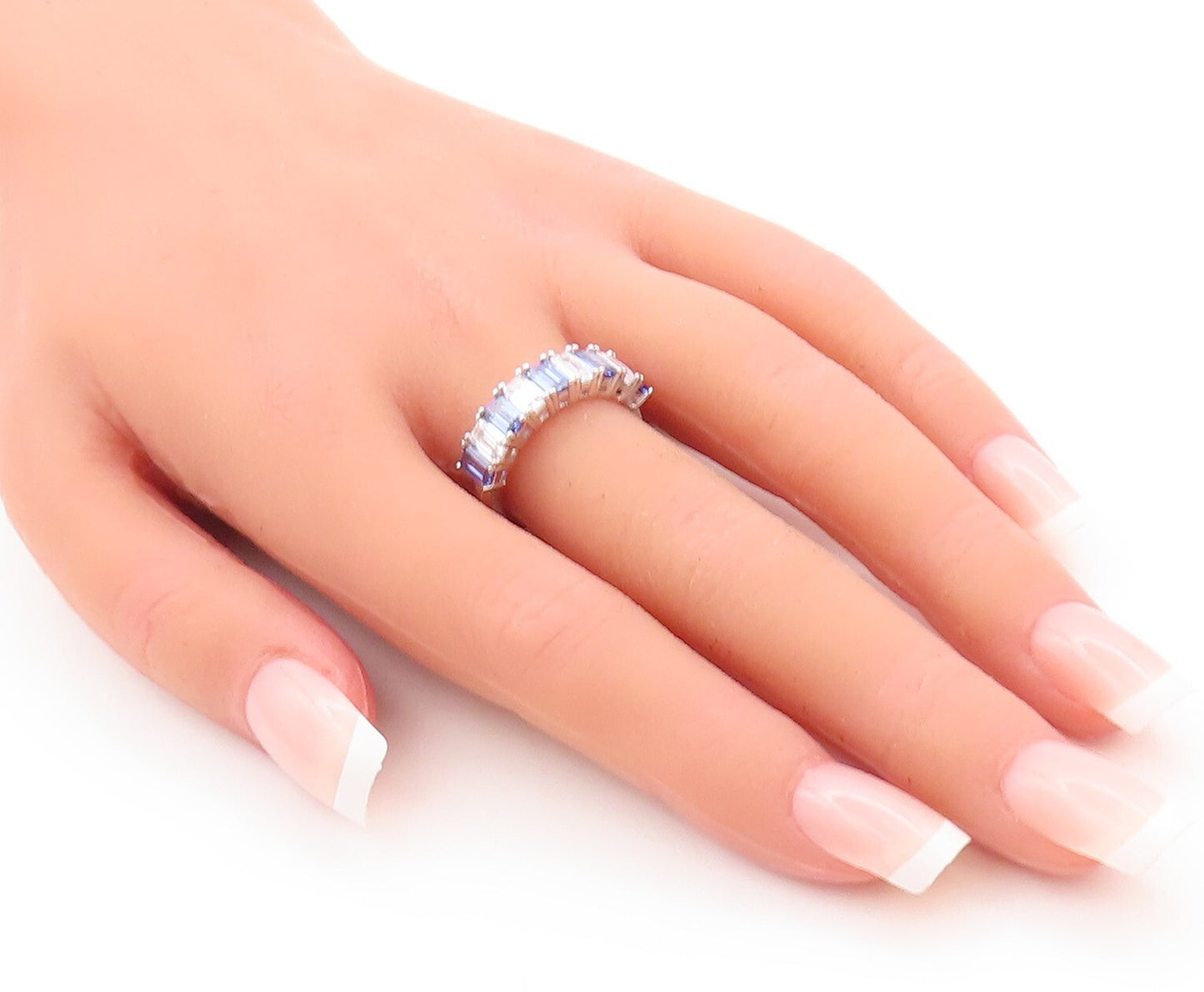 925 Sterling Silver Vintage Ring Emerald Cut Blue & White CZ Band  Sz 7  RG29548