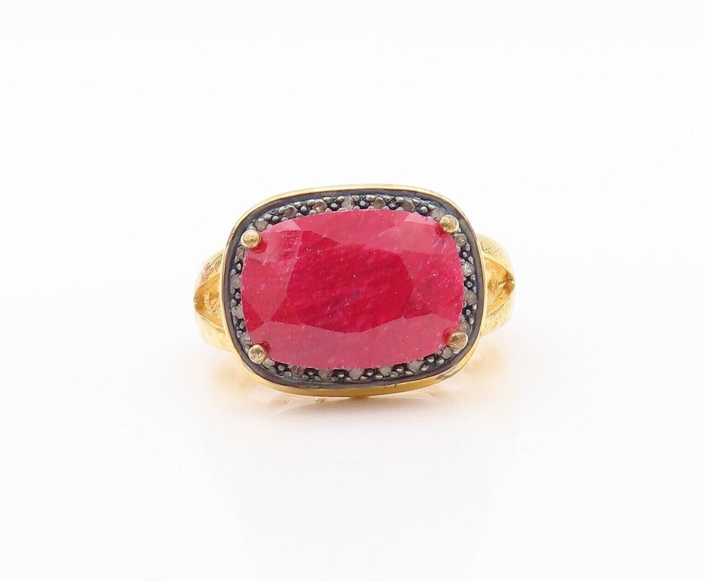 925 Sterling Silver Vintage Ring Gold Plated Diamond Frame & Ruby  Sz 8  RG30199