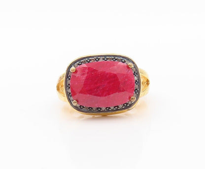 925 Sterling Silver Vintage Ring Gold Plated Diamond Frame & Ruby  Sz 8  RG30199
