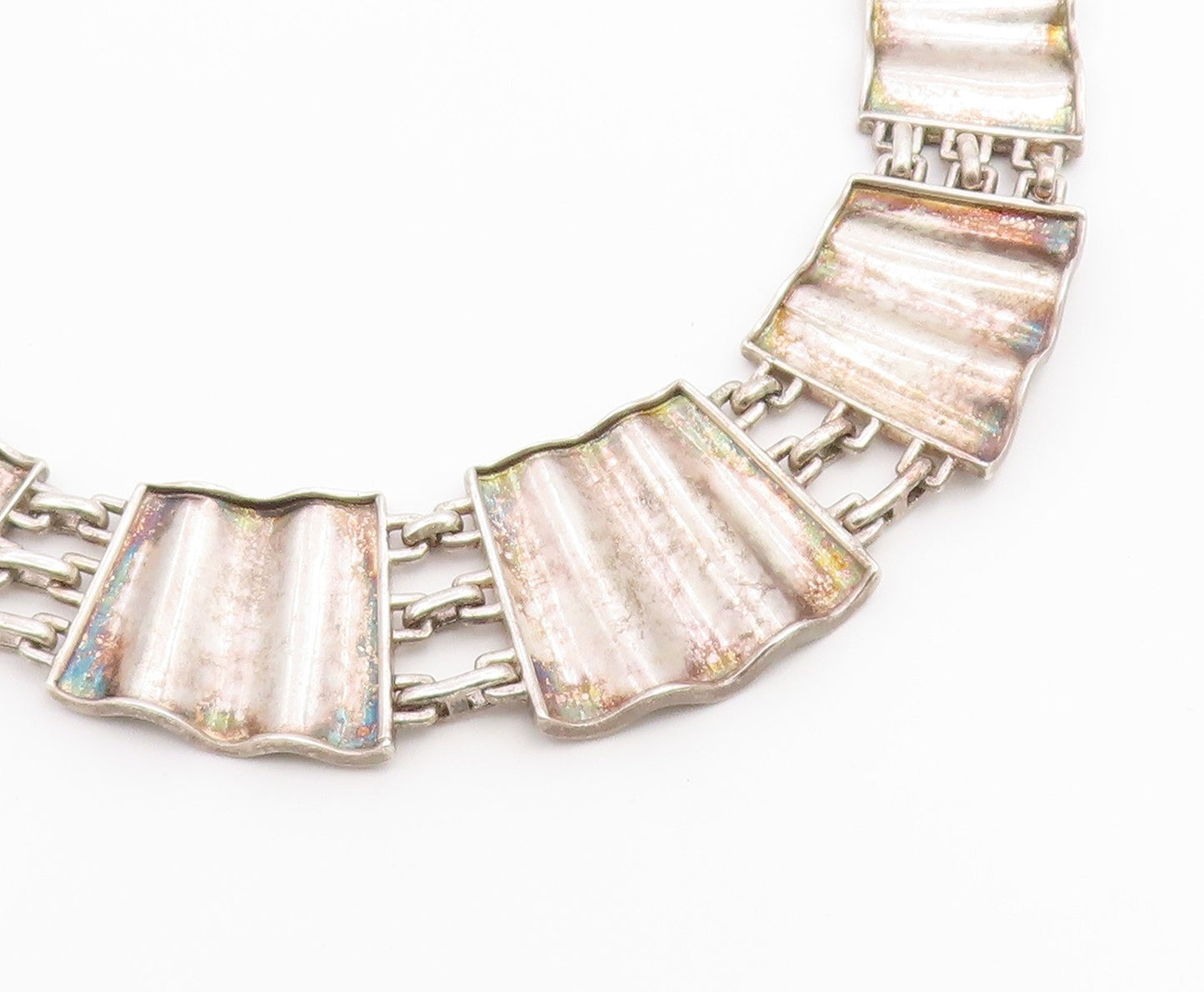 925 Sterling Silver Vintage Necklace Modernist Textured Wave Panel Choker NE4887