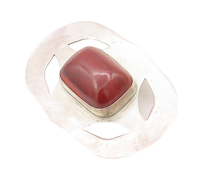 925 Sterling Silver Vintage Belt Buckle Carved Red Cabochon Gemstone  TR3765