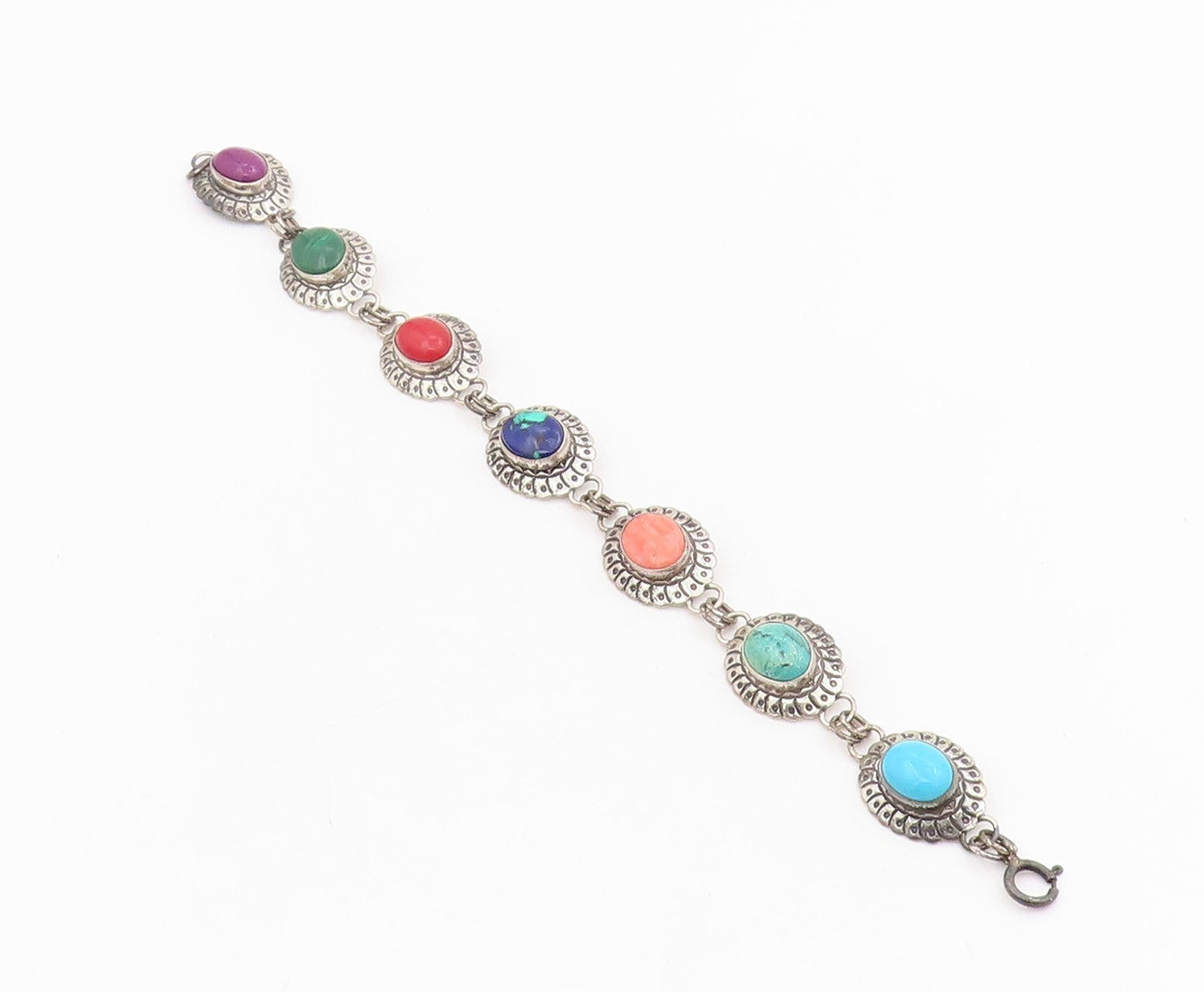 925 Sterling Silver Vintage Bracelet SOUTHWESTERN Multi Gemstone Link BT11527