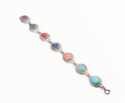 925 Sterling Silver Vintage Bracelet SOUTHWESTERN Multi Gemstone Link BT11527