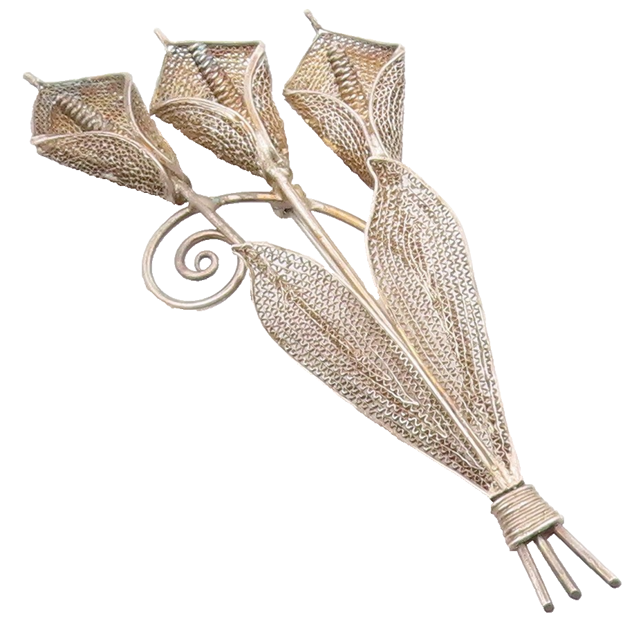 925 Sterling Silver  Vintage Antique Filigree Swirl Flowers Brooch Pin  BP6396