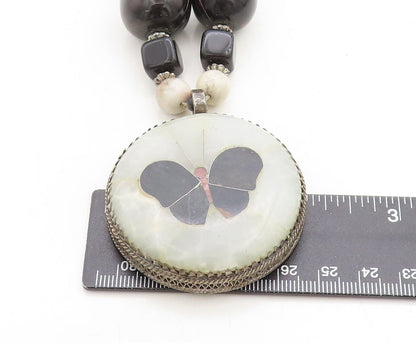 Solid Silver Vintage Multi Gemstone Butterfly Beaded Necklace NE1003