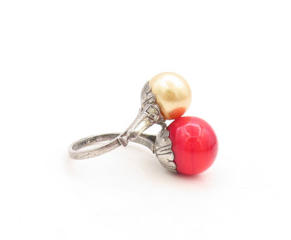 925 Sterling Silver Vintage Ring Designer Dark Tone Gemstone Pearl  Sz 5 RG31570