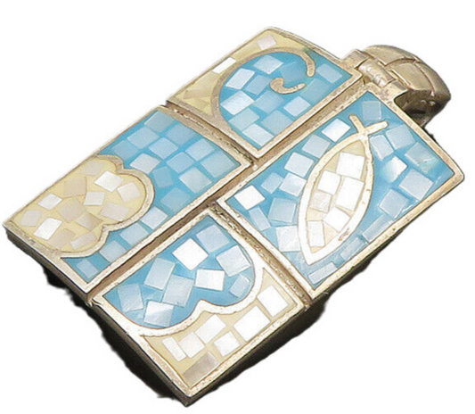 925 Sterling Silver  Vintage Mother Of Pearl Mosaic Pattern Pendant  PT16102