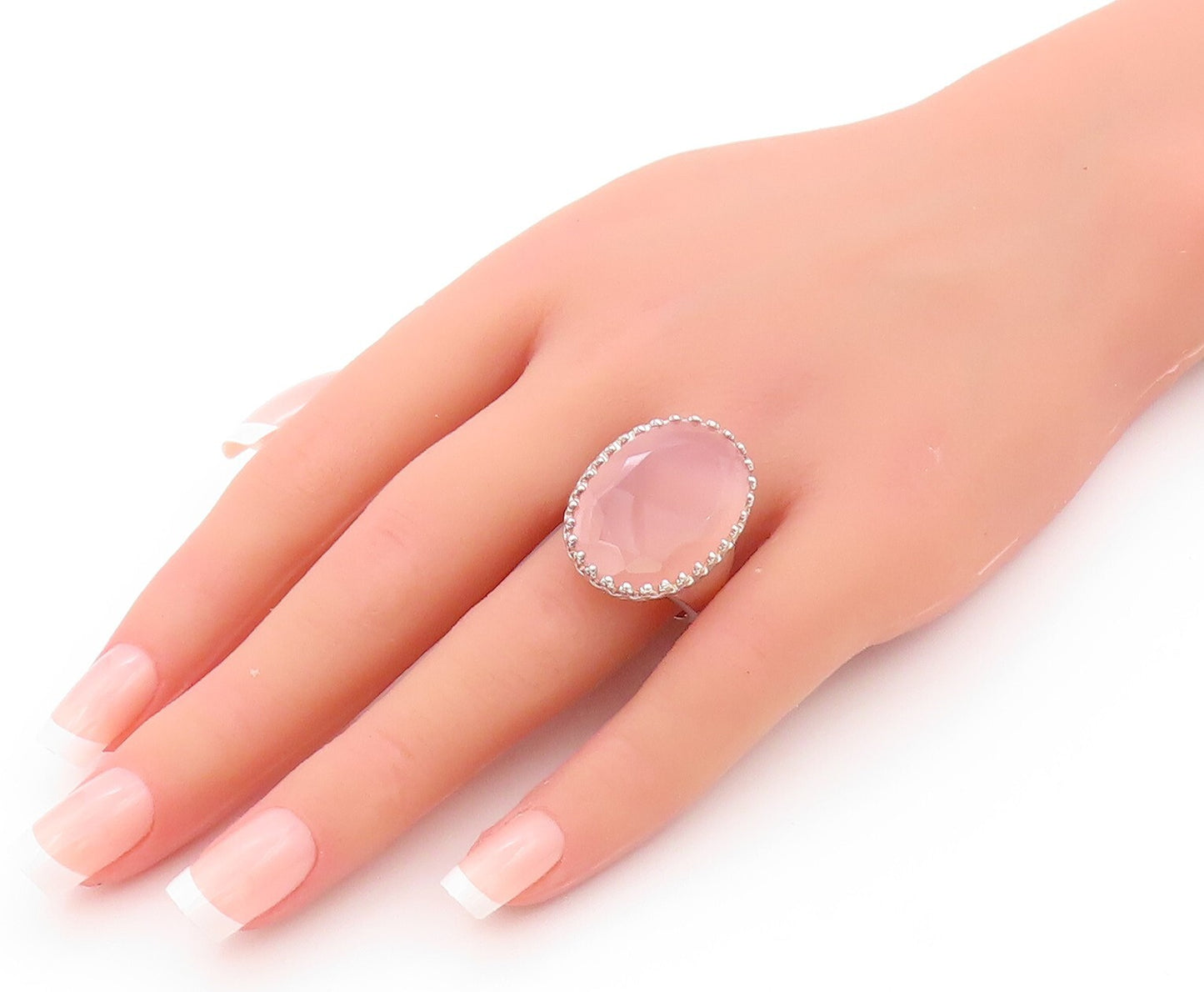 925 Sterling Silver Vintage Ring JACMEL Large Oval Pink Gemstone  SZ 8  RG32115