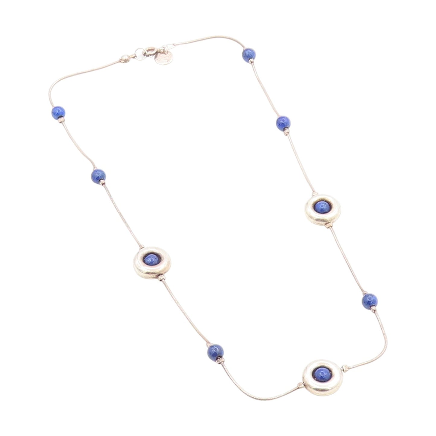 925 Sterling Silver Vintage Necklace Minimalist Chain With Blue Beads   NE4668