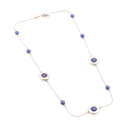 925 Sterling Silver Vintage Necklace Minimalist Chain With Blue Beads   NE4668