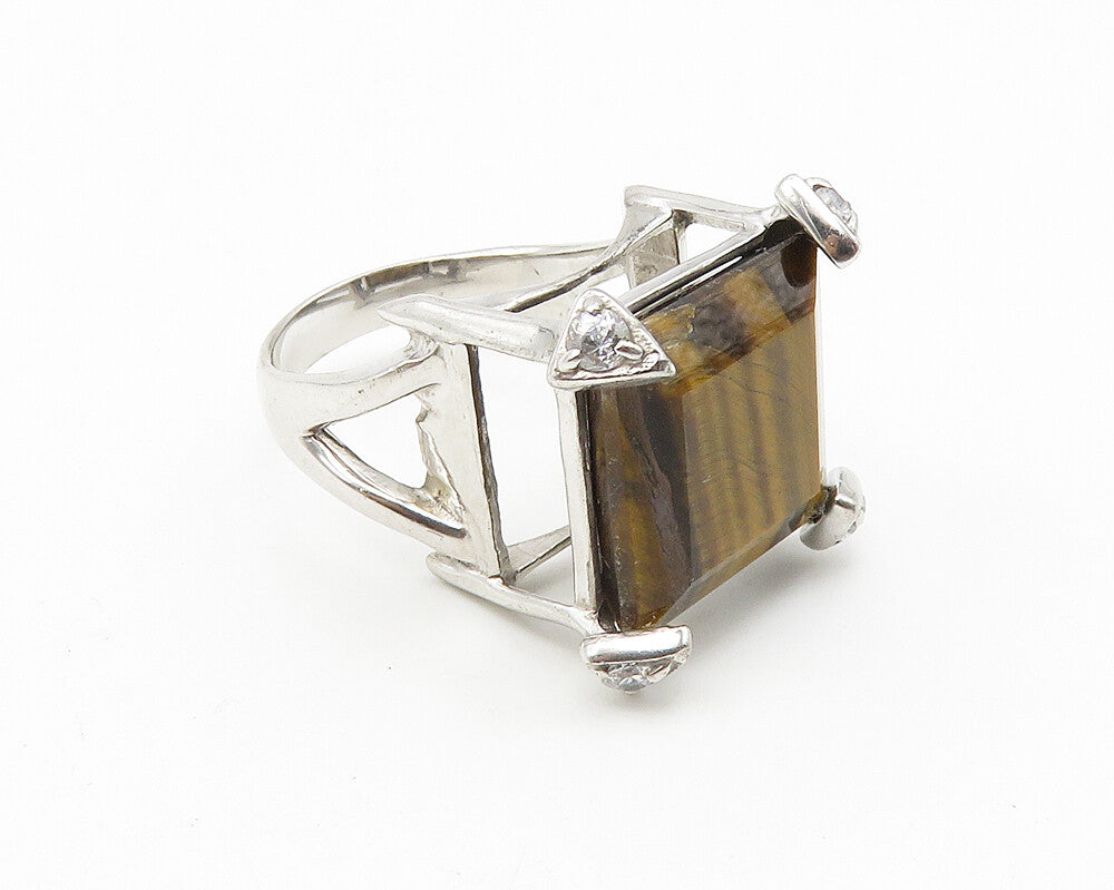 925 Sterling Silver  Tiger's Eye & Topaz Accent Cocktail Ring Sz 7  RG10276
