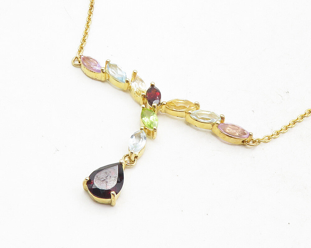 925 Sterling Silver Garnet & Multi Stone Gold Plated Chain Necklace NE1946