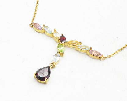 925 Sterling Silver Garnet & Multi Stone Gold Plated Chain Necklace NE1946