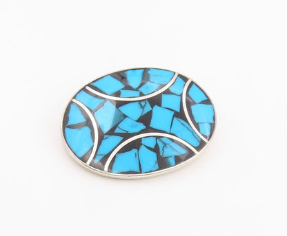 925 Sterling Silver Vintage Brooch Pin Turquoise & Onyx Inlay Design  BP12358