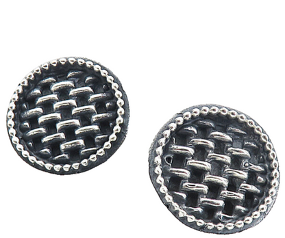 925 Sterling Silver  Vintage Oxidized Basket Weave Button Drop Earrings EG4051