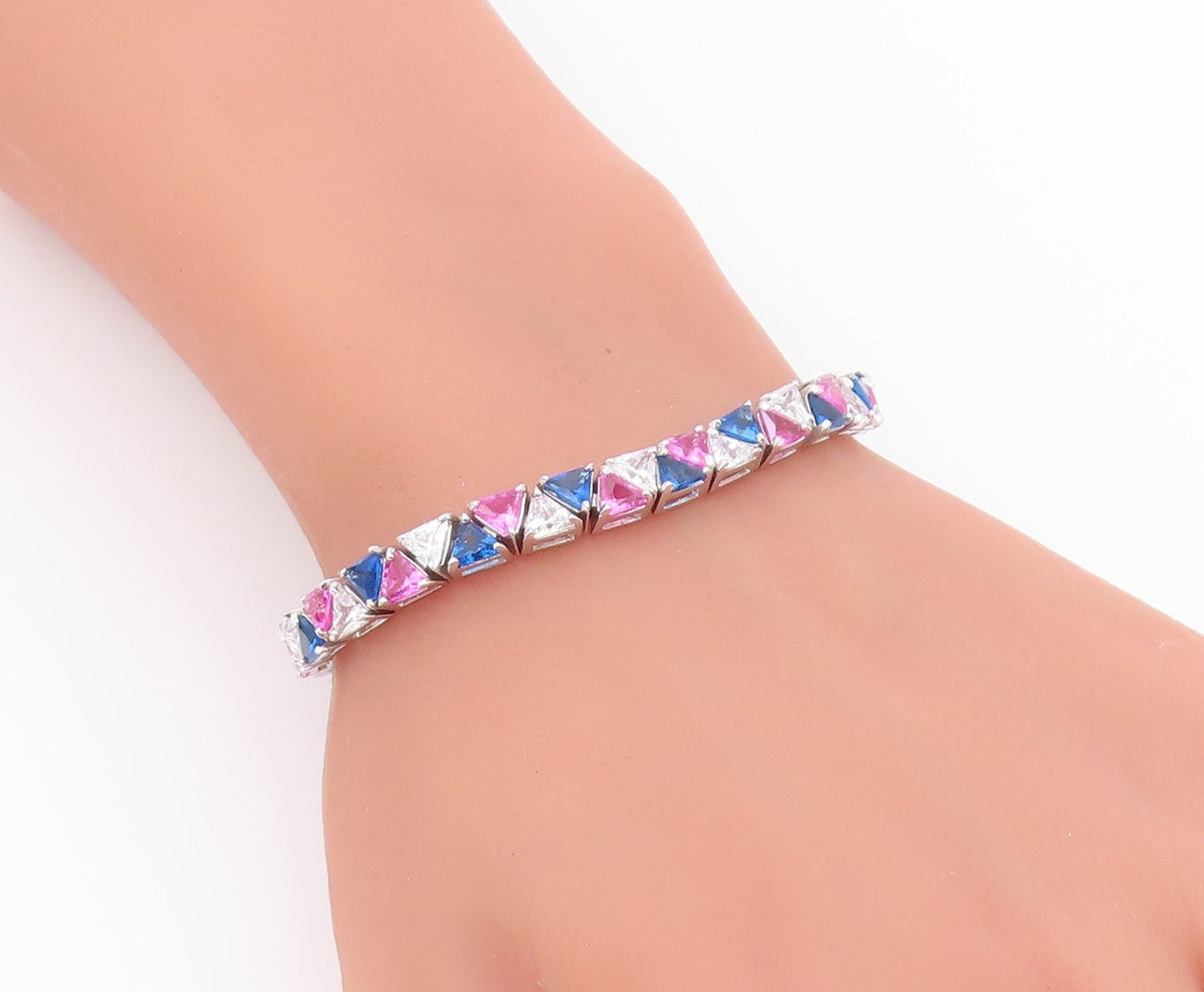 925 Sterling Silver  Vintage Cubic Zirconia & Topaz Chain Bracelet  BT8983