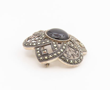 925 Sterling Silver Vintage Brooch Pin JUDITH JACK Onyx Floral Petal  BP12178