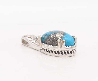 925 Sterling Silver Vintage Pendant Carved Diamonds & Oval Turquoise  PT23506