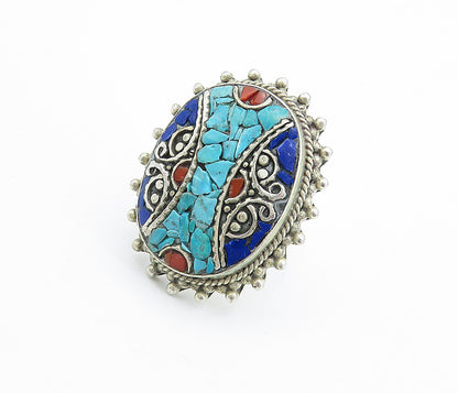 925 Silver  Vintage Turquoise & Lapis Lazuli Cocktail Ring Sz 10.5  RG7700
