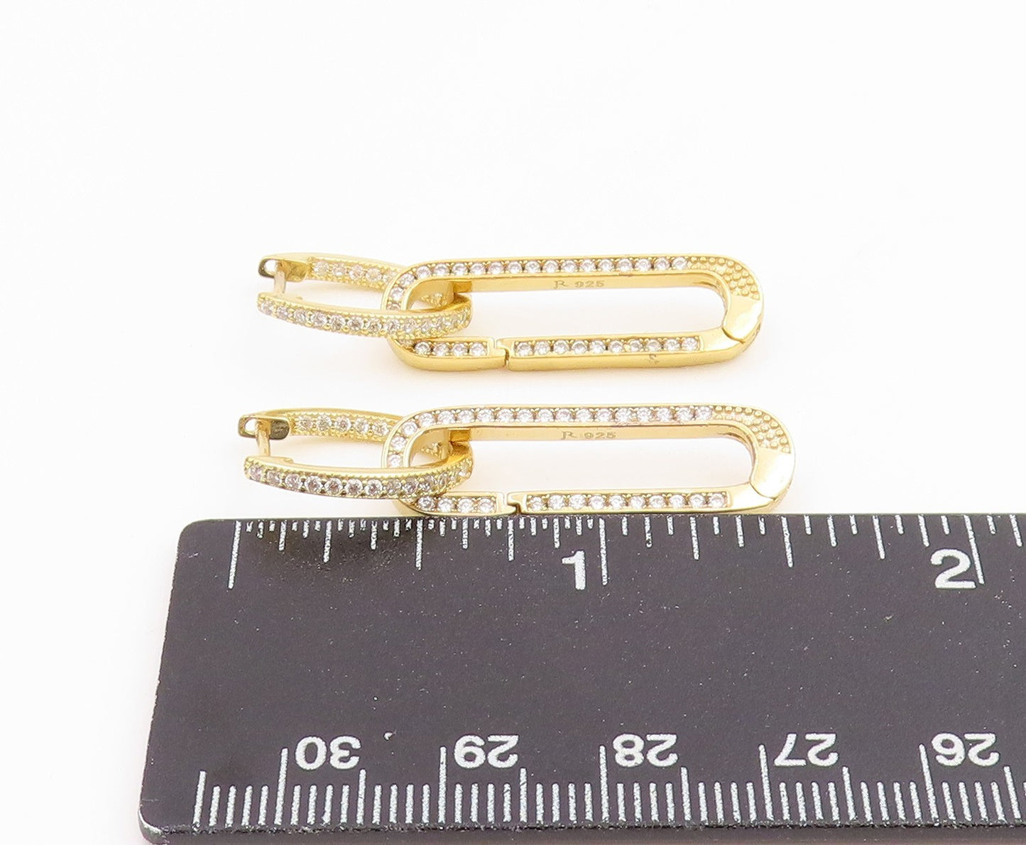 925 Sterling Silver Vintage Earrings Gold Plated CZ Paperclip Dangle  EG14237