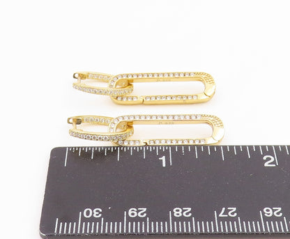 925 Sterling Silver Vintage Earrings Gold Plated CZ Paperclip Dangle  EG14237