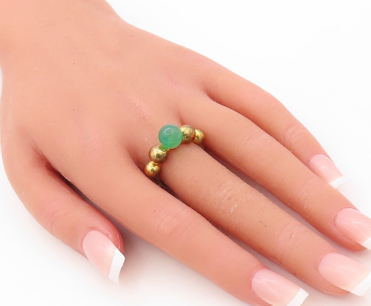 925 Sterling Silver Vintage Ring Gold Plated Bead Carved Jade Sz 7 RG30587