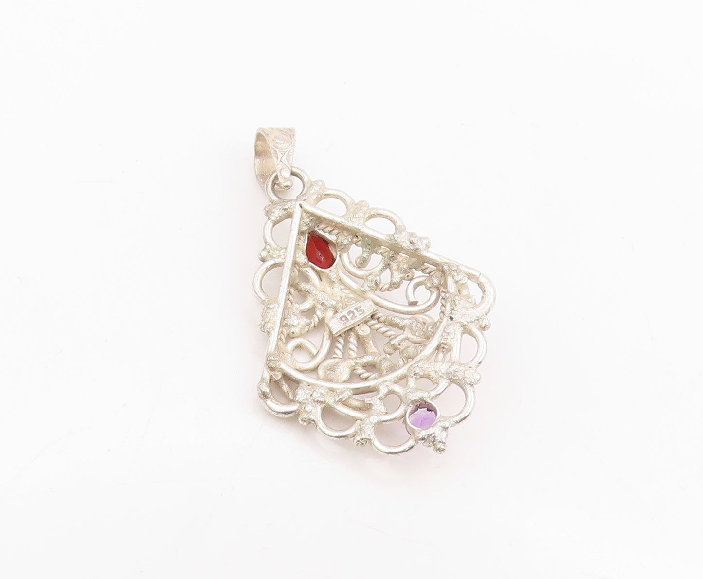925 Sterling Silver Vintage Pendant Garnet & Amethyst Open Scrollwork  PT25793