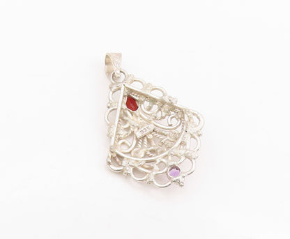 925 Sterling Silver Vintage Pendant Garnet & Amethyst Open Scrollwork  PT25793