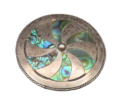 TAXCO 925 Silver  Vintage Twisted Rope Edge Abalone Fidget Brooch Pin  BP9889