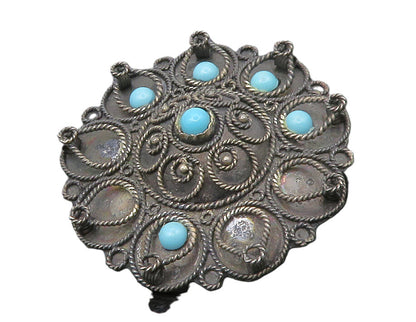 925 Sterling Silver  Vintage Antique Turquoise Floral Twist Brooch Pin  BP5207
