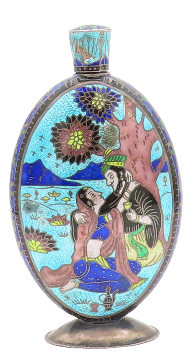 Solid Silver Vintage Enamel Painted Royal Lovers in Garden Flask TR3647