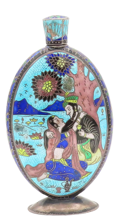 Solid Silver Vintage Enamel Painted Royal Lovers in Garden Flask TR3647