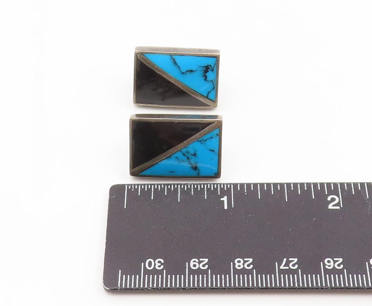 925 Sterling Silver Vintage Earrings MEXICO Turquoise & Onyx Inlay Stud  EG14154