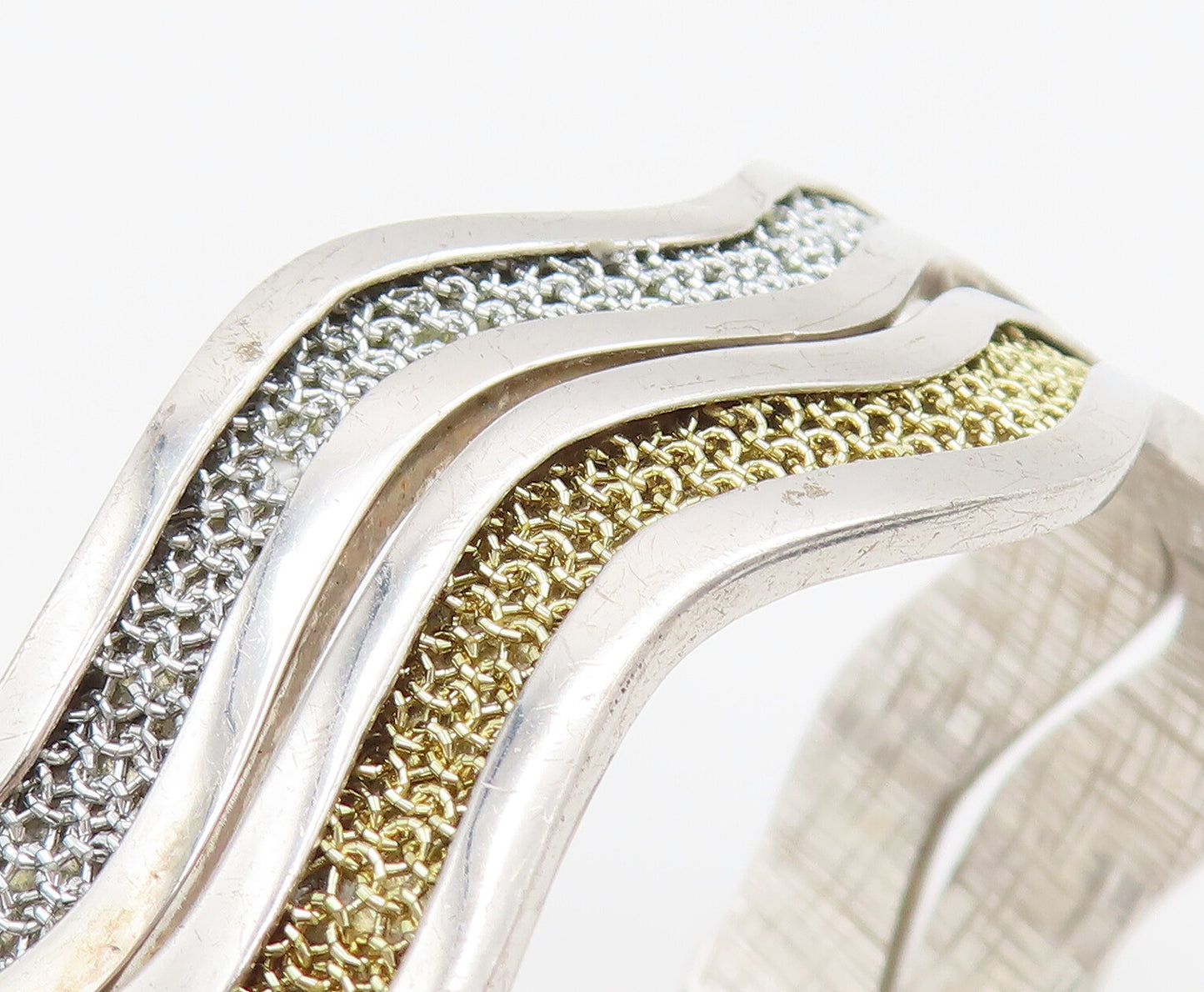 ADAMI & MARTUCCI 925 Silver  Vintage Two Tone Mesh Wavy Cuff Bracelet  BT9791